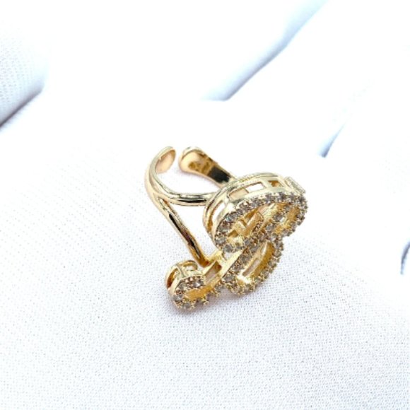 24 KT Gold Filled Initial Ring Adjustable Large Alphabet Letter Ring CZ - Picture 2 of 3